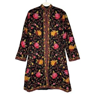 Kashmir Hand Embroidered Flower Wool Coat Jacket Floral Boho Hippie Vintage